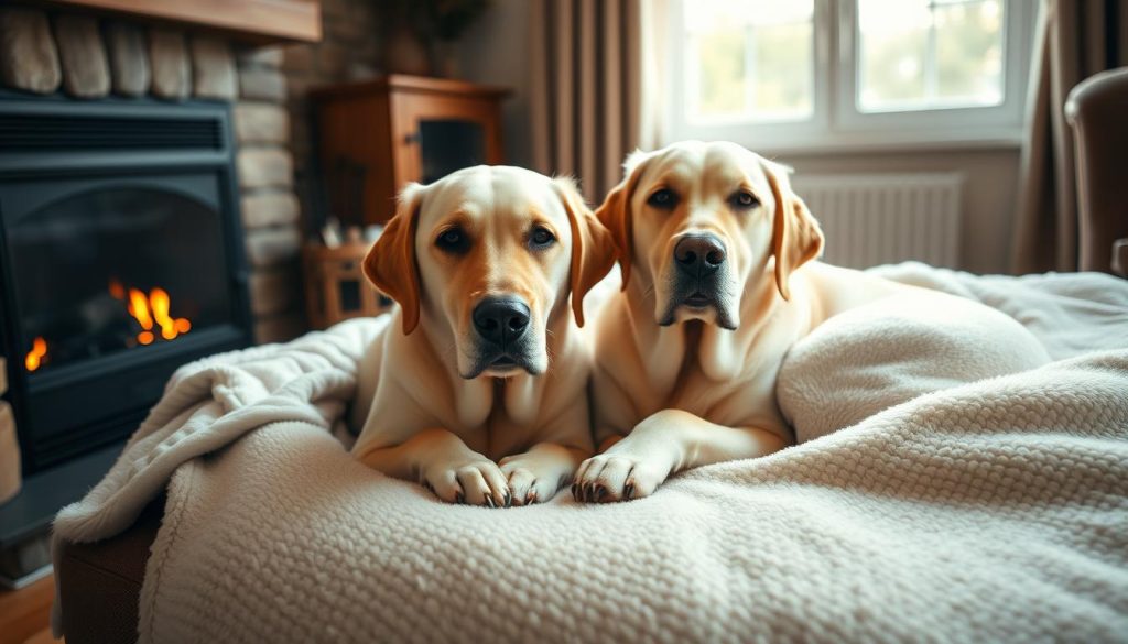 Cuddling senior Labradors