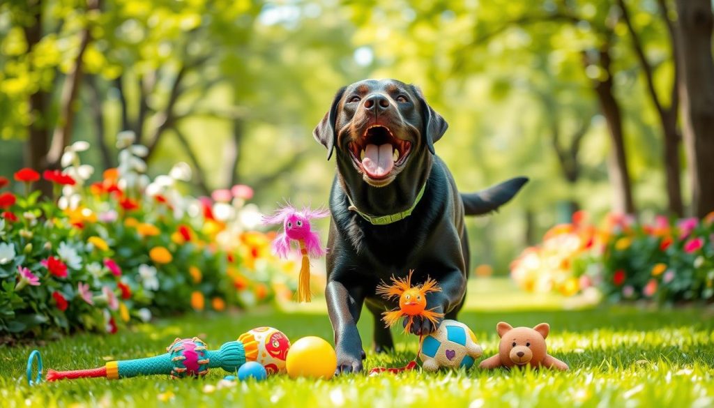 Labrador Retriever playing with toys