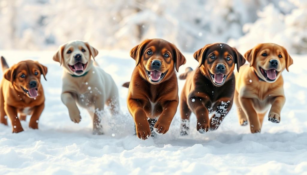 Labrador puppies in snow